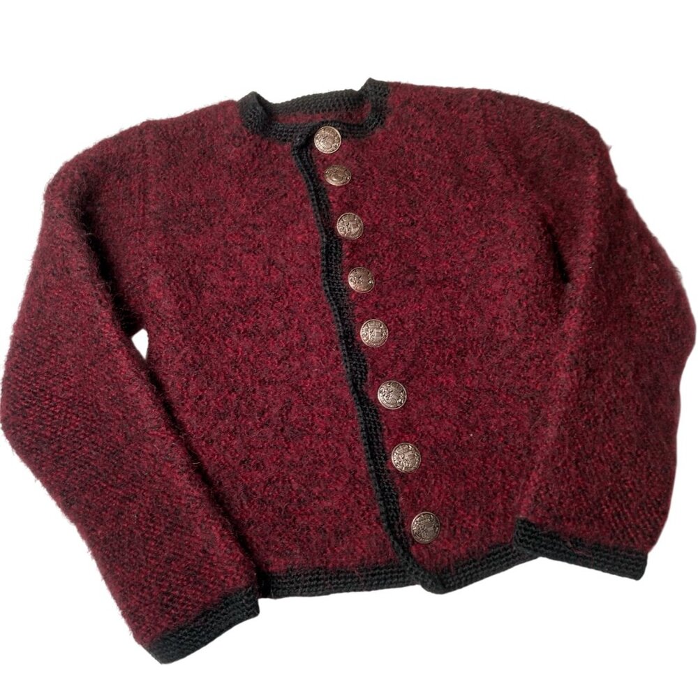 Austrian Boiled Wool Cardigan Sweater Youth Salzburg Button Up Maroon Knit READ